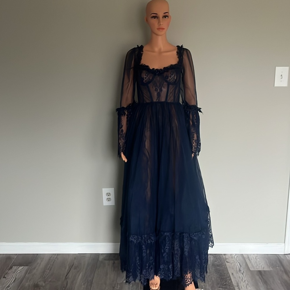 ‼️Dolls Kill X Widow‼️Dance With Death Navy Blue Long Sleeve Lace Gown Small